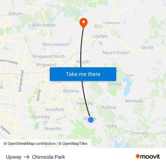 Upwey to Chirnside Park map