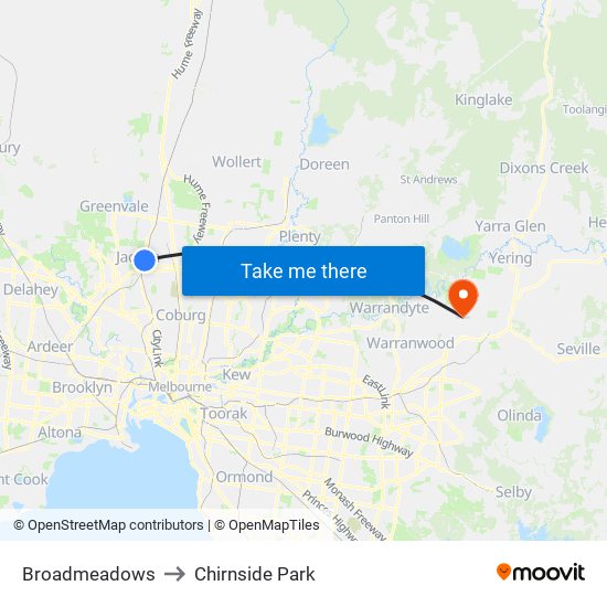 Broadmeadows to Chirnside Park map
