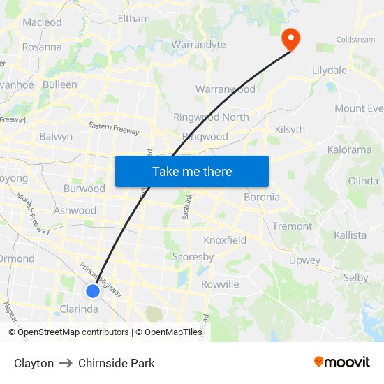 Clayton to Chirnside Park map