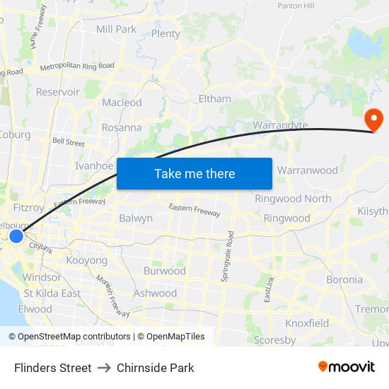 Flinders Street to Chirnside Park map