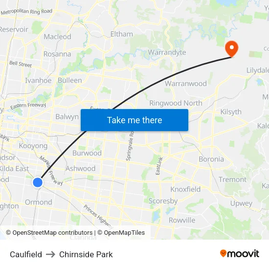 Caulfield to Chirnside Park map