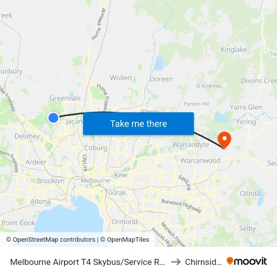 Melbourne Airport T4 Skybus/Service Rd to Chirnside Park map
