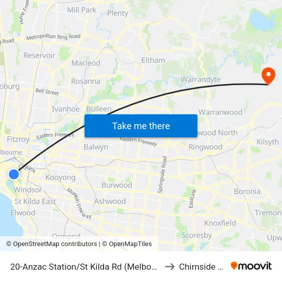 Anzac Station/St Kilda Rd #20 to Chirnside Park map