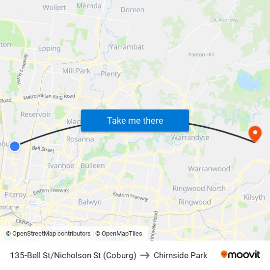 135-Bell St/Nicholson St (Coburg) to Chirnside Park map
