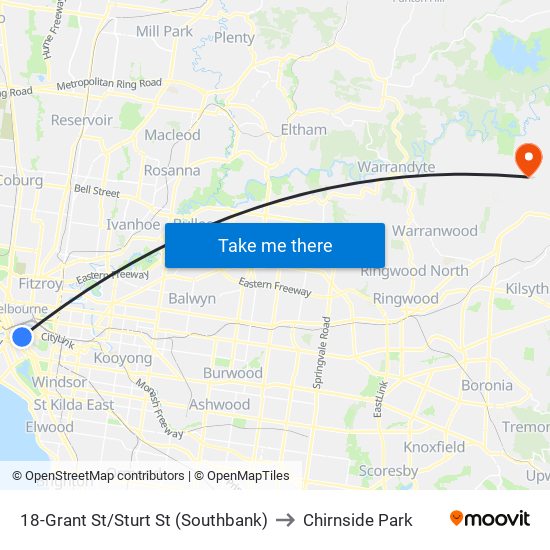 18-Grant St/Sturt St (Southbank) to Chirnside Park map