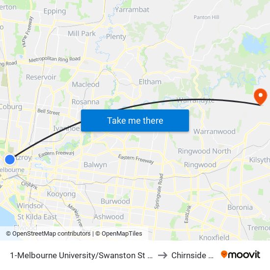 1-Melbourne University/Swanston St (Carlton) to Chirnside Park map