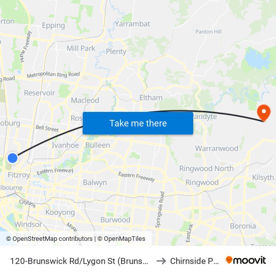 120-Brunswick Rd/Lygon St (Brunswick) to Chirnside Park map