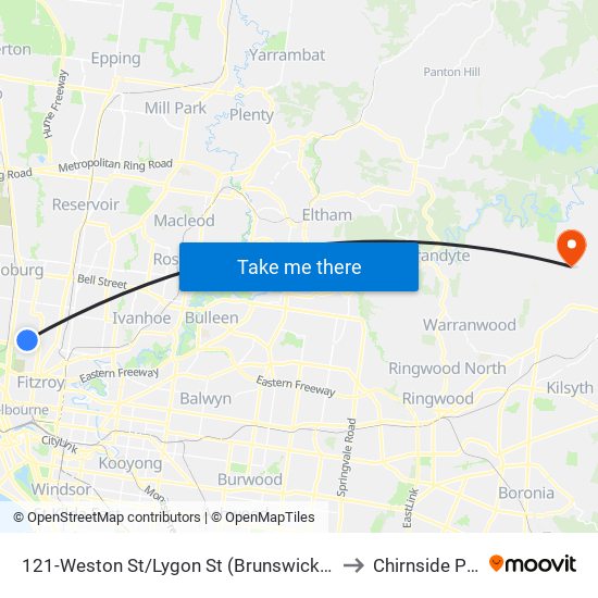 121-Weston St/Lygon St (Brunswick East) to Chirnside Park map