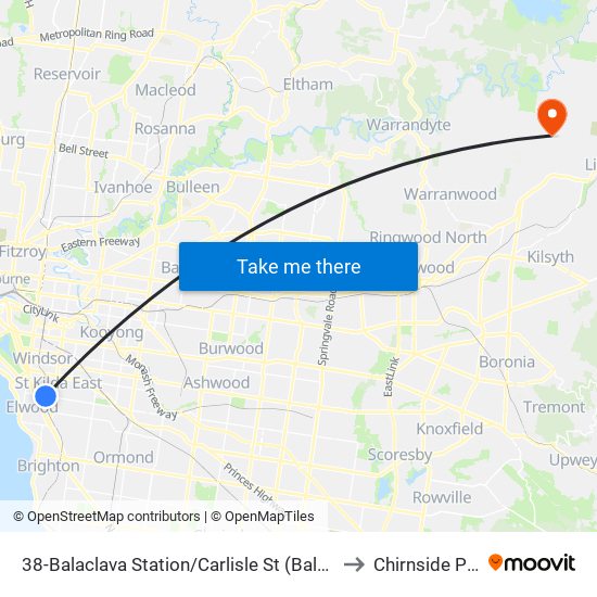 38-Balaclava Station/Carlisle St (Balaclava) to Chirnside Park map
