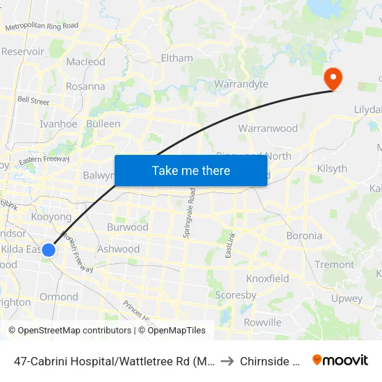 Cabrini Hospital/Wattletree Rd #47 to Chirnside Park map