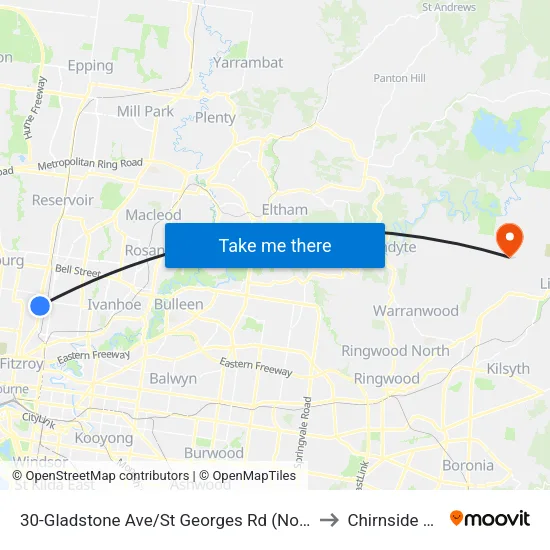 Gladstone Ave/St Georges Rd #30 to Chirnside Park map