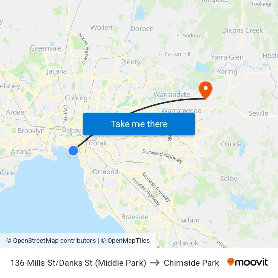 Mills St/Danks St #136 to Chirnside Park map