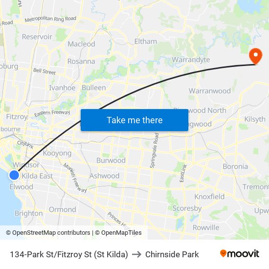 134-Park St/Fitzroy St (St Kilda) to Chirnside Park map