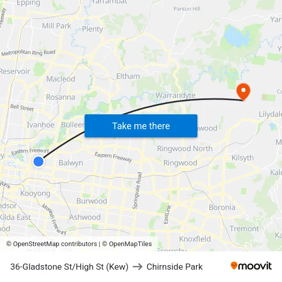 Gladstone St/High St #36 to Chirnside Park map