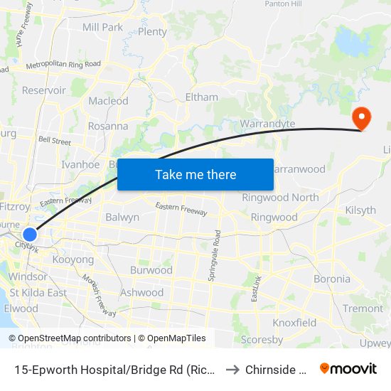 15-Epworth Hospital/Bridge Rd (Richmond) to Chirnside Park map