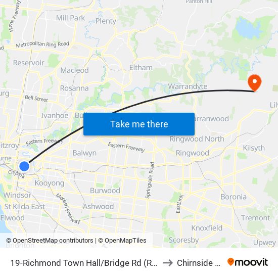 19-Richmond Town Hall/Bridge Rd (Richmond) to Chirnside Park map