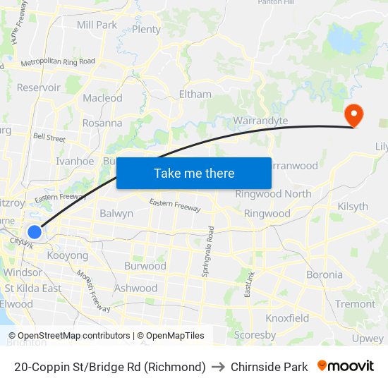 20-Coppin St/Bridge Rd (Richmond) to Chirnside Park map