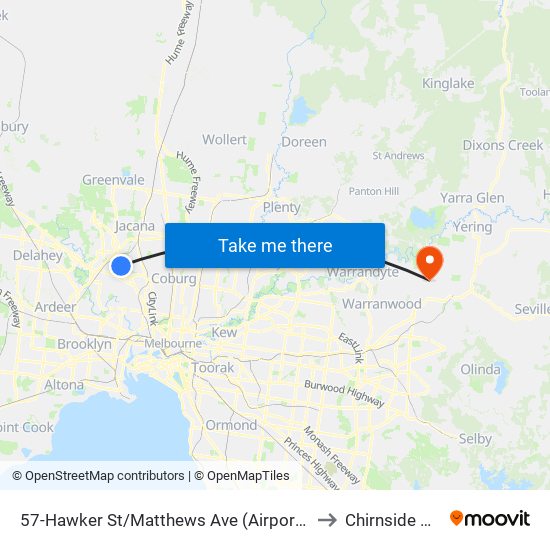 57-Hawker St/Matthews Ave (Airport West) to Chirnside Park map