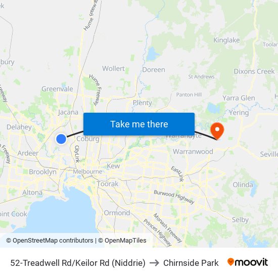 52-Treadwell Rd/Keilor Rd (Niddrie) to Chirnside Park map