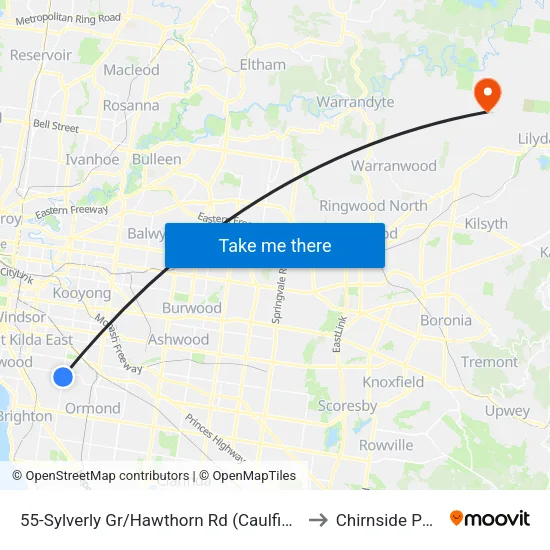 Sylverly Gr/Hawthorn Rd #55 to Chirnside Park map