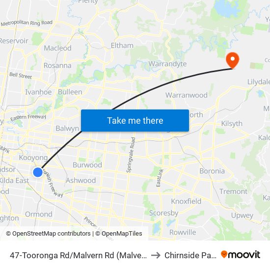 47-Tooronga Rd/Malvern Rd (Malvern) to Chirnside Park map
