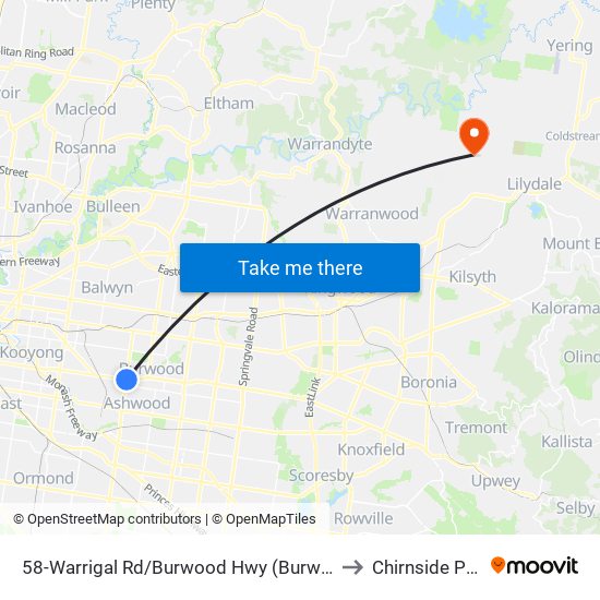 58-Warrigal Rd/Burwood Hwy (Burwood) to Chirnside Park map