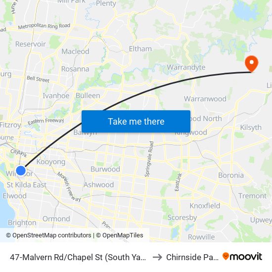 47-Malvern Rd/Chapel St (South Yarra) to Chirnside Park map