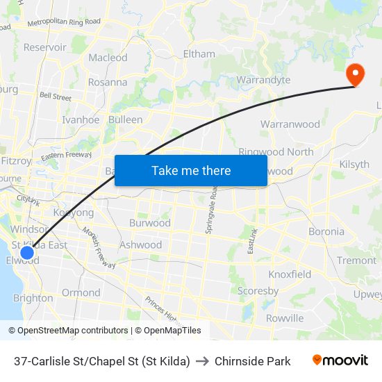 37-Carlisle St/Chapel St (St Kilda) to Chirnside Park map