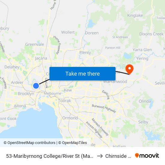 53-Maribyrnong College/River St (Maribyrnong) to Chirnside Park map