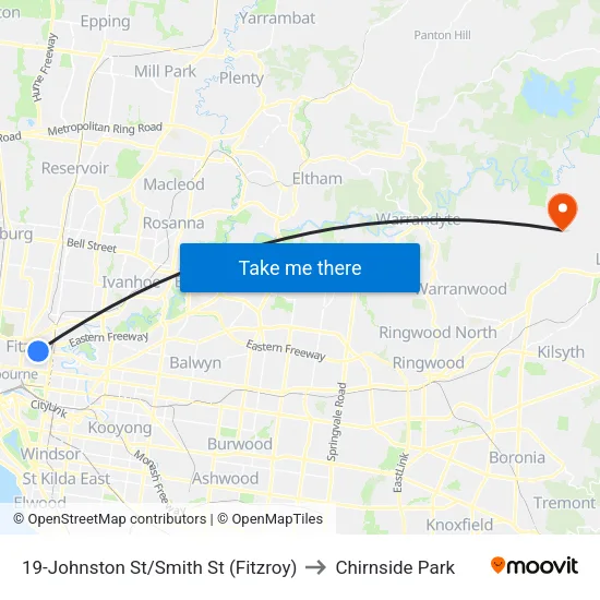 Johnston St/Smith St #19 to Chirnside Park map