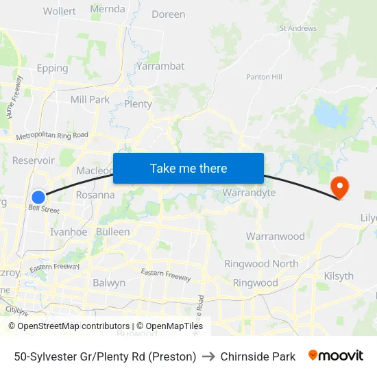 Sylvester Gr/Plenty Rd #50 to Chirnside Park map
