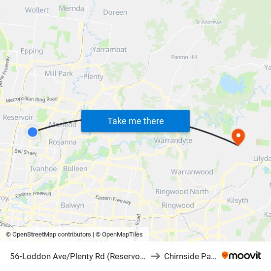 56-Loddon Ave/Plenty Rd (Reservoir) to Chirnside Park map