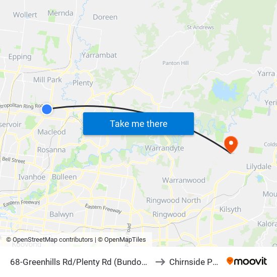 68-Greenhills Rd/Plenty Rd (Bundoora) to Chirnside Park map