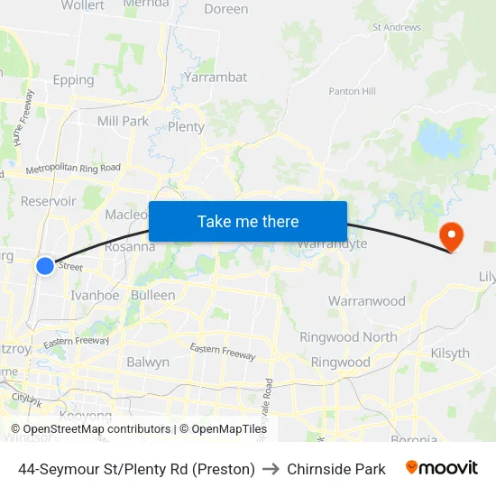 Seymour St/Plenty Rd #44 to Chirnside Park map