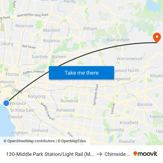 130-Middle Park Station/Light Rail (Middle Park) to Chirnside Park map