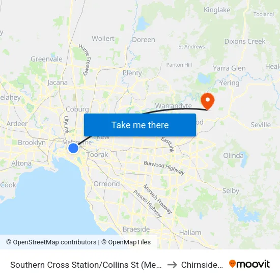 Southern Cross Station/Collins St to Chirnside Park map