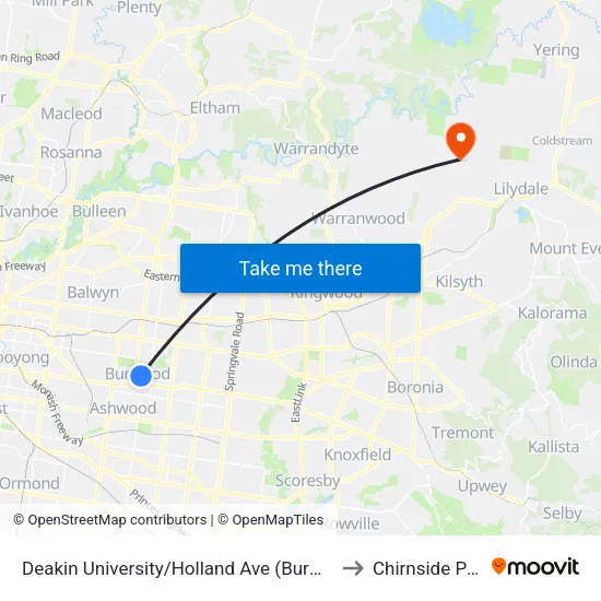 Deakin University/Holland Ave to Chirnside Park map