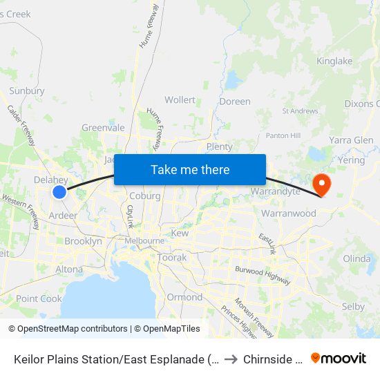 Keilor Plains Station/East Esplanade (St Albans) to Chirnside Park map