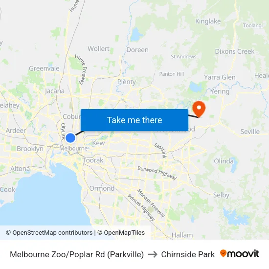 Melbourne Zoo/Poplar Rd to Chirnside Park map
