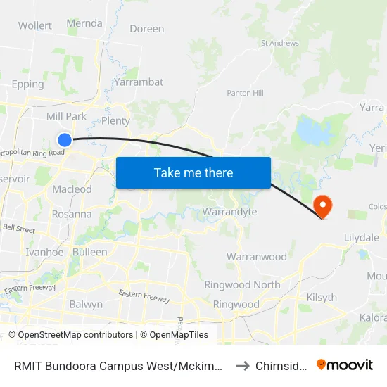 RMIT Bundoora Campus West/Mckimmies Rd to Chirnside Park map