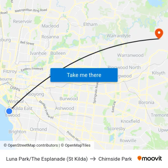 Luna Park/The Esplanade to Chirnside Park map