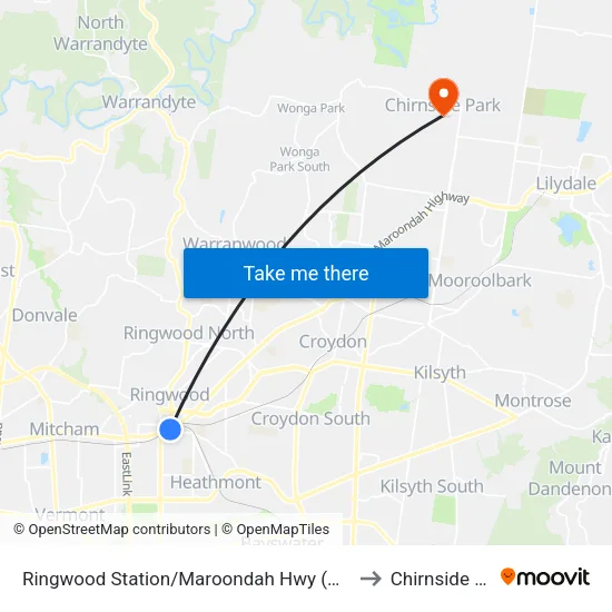 Ringwood Station/Maroondah Hwy to Chirnside Park map
