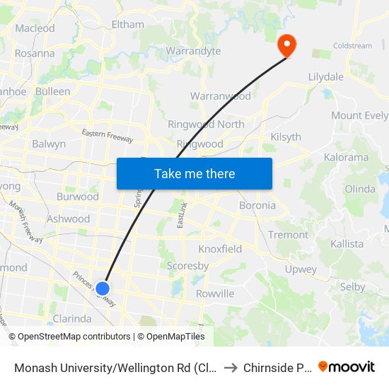 Monash University/Wellington Rd (Clayton) to Chirnside Park map