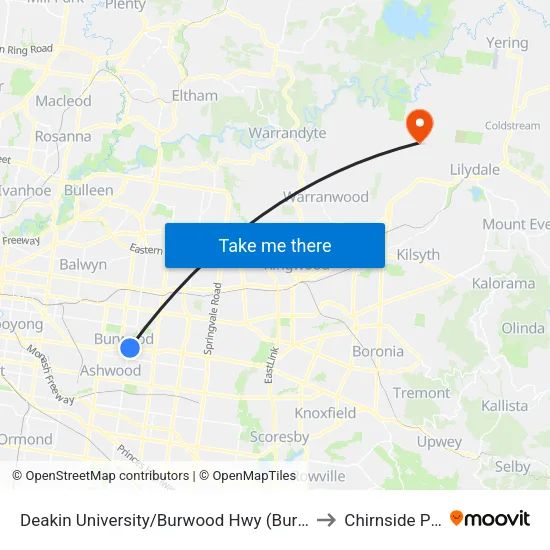 Deakin University/Burwood Hwy to Chirnside Park map