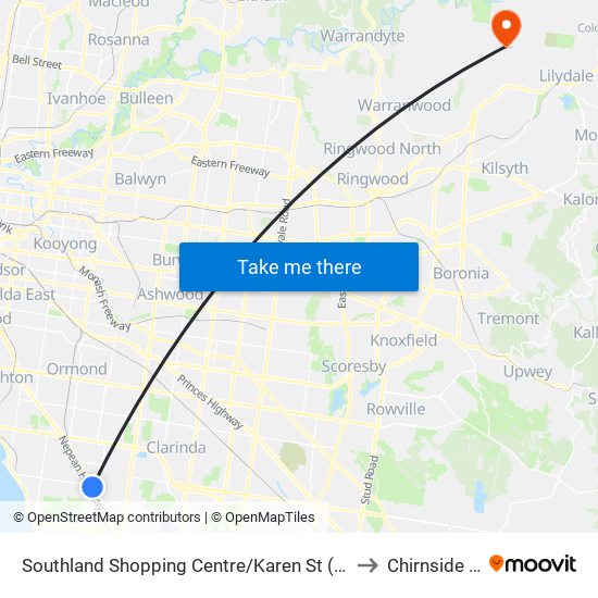 Southland Shopping Centre/Karen St (Cheltenham) to Chirnside Park map