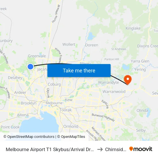 Melbourne Airport T1 Skybus/Arrival Dr to Chirnside Park map