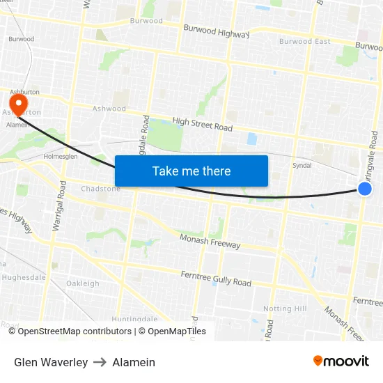 Glen Waverley to Alamein map
