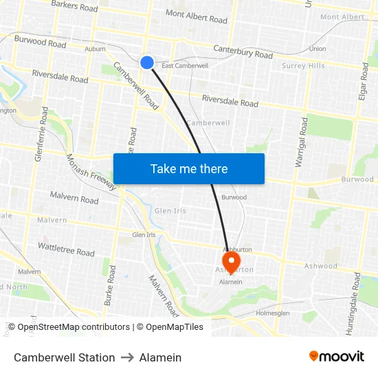 Camberwell Station to Alamein map