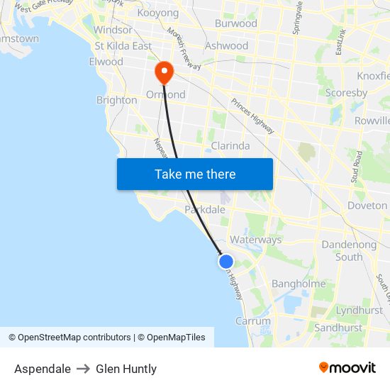 Aspendale to Glen Huntly map