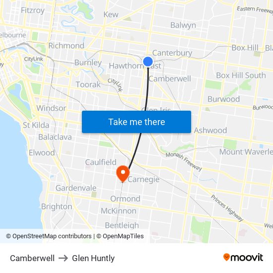 Camberwell to Glen Huntly map